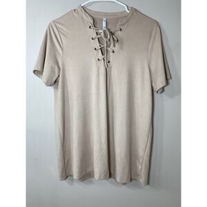Z Supply‎ Shirt Women's MEDIUM Tan Beige Suede Short Sleeve V Neck Lace Up Top